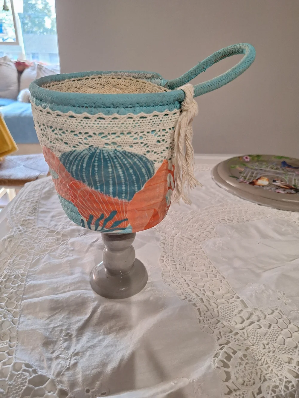 Seashell Fabric Storage Basket with Turquoise & Coral Accents